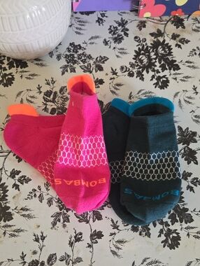 Bombas Low-Cut Socks — Pink with Orange & Teal with Blue Accents
